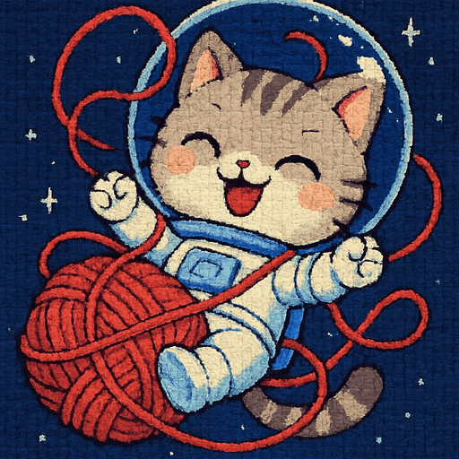 A cute kitten, illustrated in an adorable chibi anime style and wearing an astronaut suit, is playfully tangled in a ball of yarn, floating through space with overwhelming joy. Its eyes are shut tight in pure happiness, and its movements are full of energetic delight.