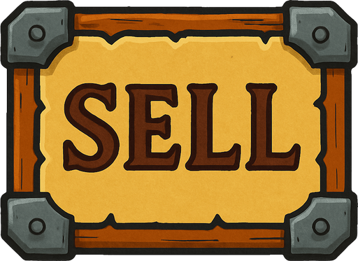 ortaçağ temalı buton üstünde SELL yazıyor.
In-Game asset.  2d.  High contrast.  No shadows