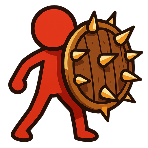 Red stickman with a big wooden shield full of spikes.
In-Game asset.  2d.  High contrast.  No shadows