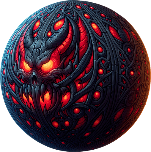 Esfera demoniaca.
Single Game Texture.  In-Game asset.  2d.  Blank background.  High contrast.  No shadows