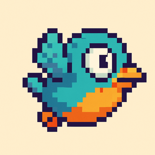 A unique pixel art bird character designed for a 2D side-scrolling game. The bird has a round, compact body and large expressive eyes. Its feathers are colorful, with shades of turquoise and orange, and it has small flapping wings. It has a slightly cartoonish look, with a tiny beak and simple outlines. The bird is seen from the side and appears mid-flight, with its wings lifted. The overall design is cute and distinct from Flappy Bird, but still fits in a retro-style arcade game..
In-Game asset.  2d.  High contrast.  No shadows. pixel art. side view. game character. cute. retro style. colorful