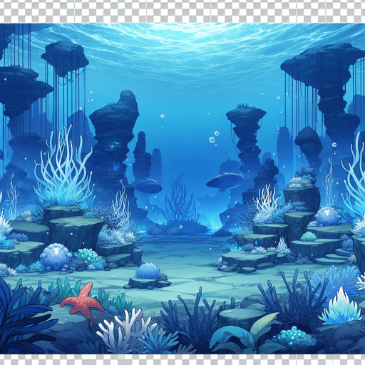 underwater, ocean, anime landscape
Single Game Texture. In-Game asset. 2d. Blank background. High contrast. No shadows.