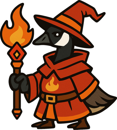 A Canadian Goose in Pyro Mage outfit holding a pyro catalyst.
In-Game asset.  2d.  High contrast.  No shadows