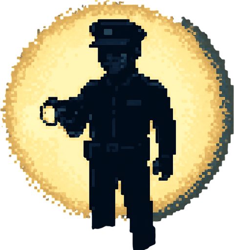 Guardia completamente negro con linterna iluminando con un circulo de aura pixelart.
In-Game asset.  2d.  High contrast.  No shadows