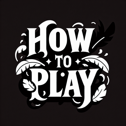 A white SVG with big bold letters, that says “How to play”. A couple black feathers flying off the edge of the word. Single Game Texture.  In-Game asset.  2d.  Blank background.  High contrast.  No shadows