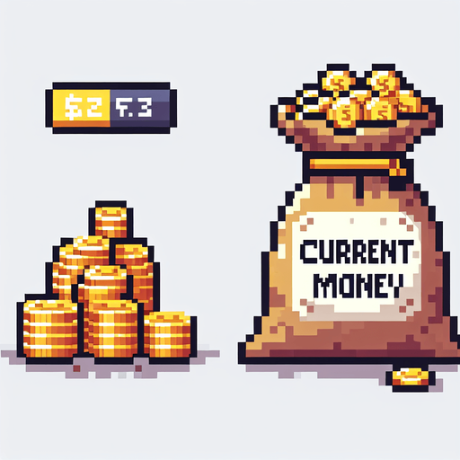 Genera una bolsa de monedas de oro que diga "current money" en pixel art.
Single Game Texture.  In-Game asset.  2d.  Blank background.  High contrast.  No shadows