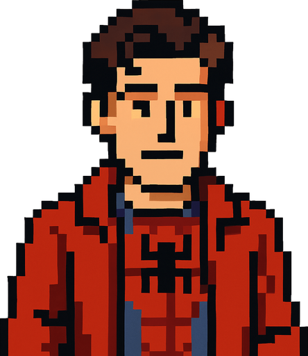 pixel art peter parker.
In-Game asset.  2d.  High contrast.  No shadows