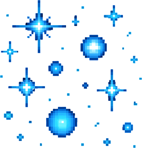 "2D pixel art of glowing blue sparkle effects. Multiple soft, magical blue glows of different sizes are scattered across the canvas, each with a bright core and a gentle radiant halo. Some glows are small star-like sparkles, while others are circular energy pulses or twinkling particles. The blue tones range from light cyan to deep magical blue, giving the effect a mystical and fantasy feel. Designed in a clean, classic 16-bit RPG pixel art style. Transparent background.".
In-Game asset.  2d.  High contrast.  No shadows