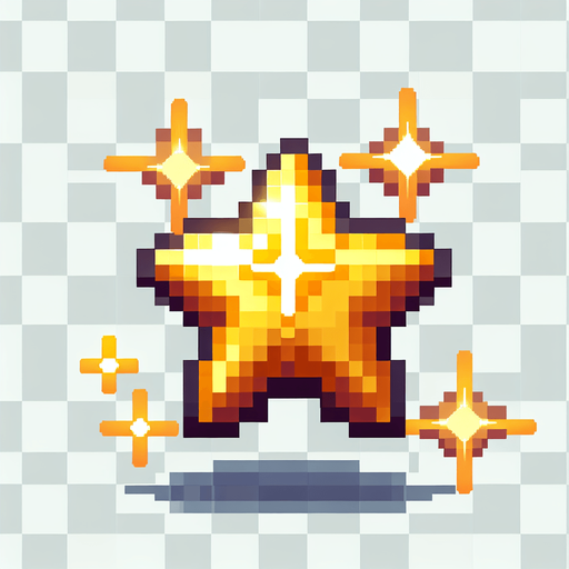 A small, glowing golden star collectible in pixel art style. Shiny with a subtle sparkle effect, floating slightly above the ground. Simple and bright, easy to spot during fast gameplay. Designed to reward players for precision jumping. Transparent background..
Single Game Texture.  In-Game asset.  2d.  Blank background.  High contrast.  No shadows