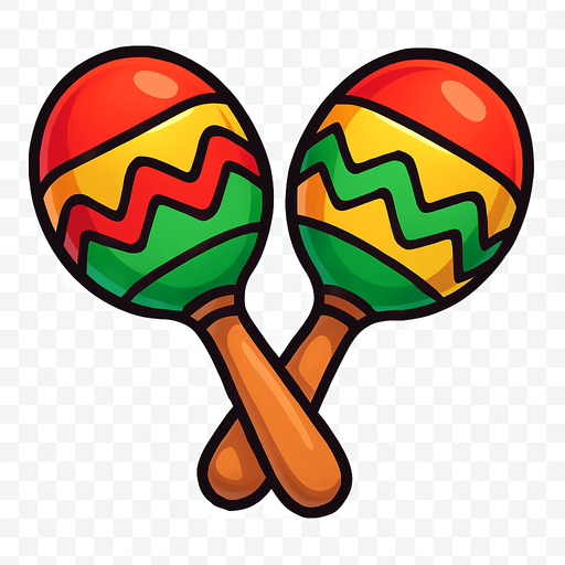 A colorful, cartoon-style 2D illustration of a pair of maracas. Each maraca should have a rounded top and a small wooden handle, decorated with bright patterns (like stripes or zigzags in red, yellow, green). The design should be playful and festive, matching the visual style of mobile games. Export as a transparent PNG, with bold outlines and soft shading, suitable for use as a music quiz game icon..rounded background with yellow or green

In-Game asset.  2d.  High contrast.  No shadows