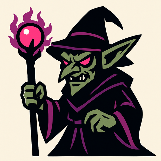 karanlık büyücü goblin.
In-Game asset.  2d.  High contrast.  No shadows