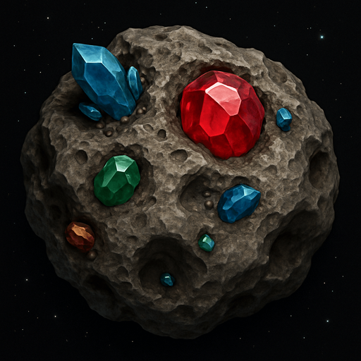 Uzay temalı asteroid, üzerinde cevherler bulunsun, gerçekçi, yazısız üstten görünüm. 
In-Game asset.  High contrast.  No shadows