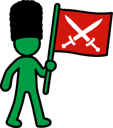 Green stickman with a British soldier's hat and with a red flag with 2 swords.
In-Game asset.  2d.  High contrast.  No shadows