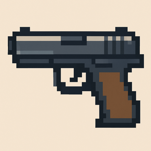 Handgun pixel its look left.
In-Game asset.  2d.  High contrast.  No shadows