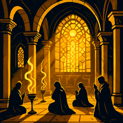 A golden medieval temple with wide columns, sun shining through stained glass, incense rising, pilgrims praying in silence.
In-Game asset.  2d.  High contrast.  No shadows