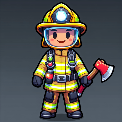 A cartoon firefighter.
Single Game Texture.  In-Game asset.  2d.  High contrast.  No shadows