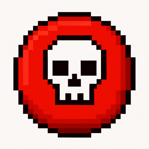 un boton rojo con una calavera de pixeles.
In-Game asset.  2d.  High contrast.  No shadows