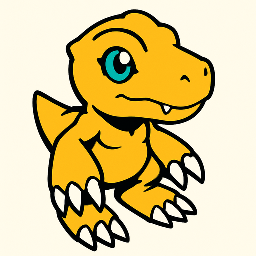 Agumon viendo a la derecha, perspectiva isometrica.
In-Game asset.  2d.  High contrast.  No shadows