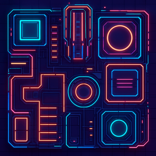 2D Top floor of complicated tower facing the screen to use it as a grid. future. Cyberpunk+abstract style. neon lights. seen from above. HD colors. No Diagonal assets.