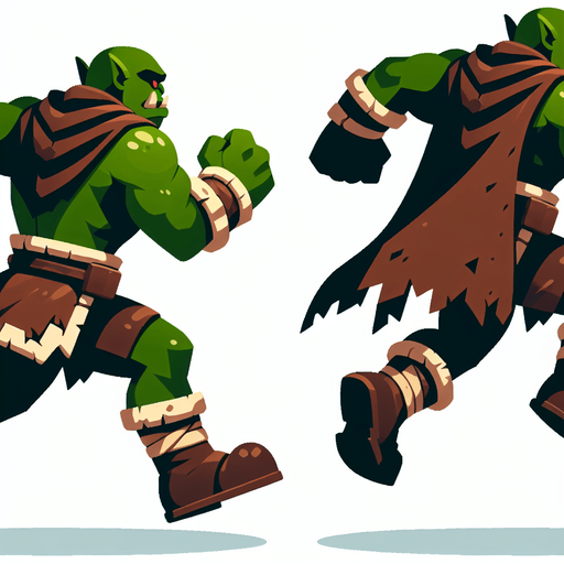 Two images of an orc. one running and one jumping to attack. both from behind, rear view. cartoon.
Single Game Texture.  In-Game asset.  2d.  Blank background.  High contrast.  No shadows