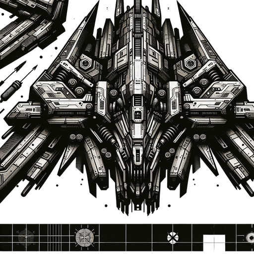 Terminator style 2D enemy ship. Facing dead south.
Single Game Texture.  In-Game asset.  2d.  Blank background.  High contrast.  No shadows