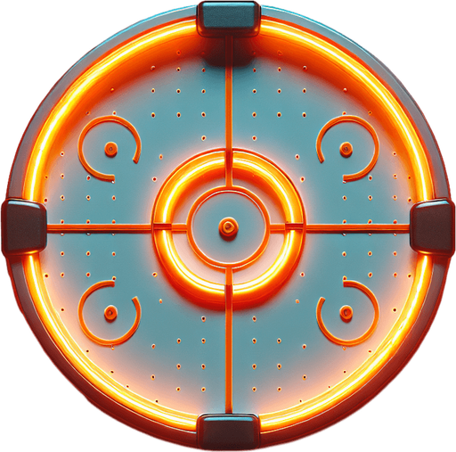 Air hockey disk with neon orange lights. top view.
Single Game Texture. In-Game asset. 2d. Blank background. High contrast. No shadows.