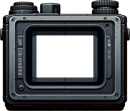 Frame of Camera viewfinder, inside viewfinder view, realistic camera, frame
Single Game Texture. In-Game asset. 2d. Blank background. High contrast. No shadows.
