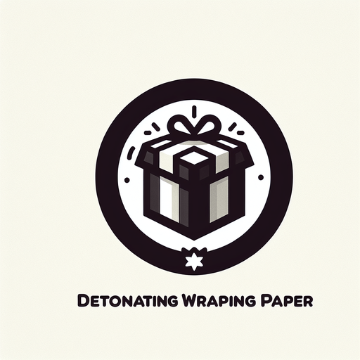 Icon for a explosive present, on a circle, with the text „detonating wrapping paper“ at top, cartoon Single Game Texture. In-Game asset. 2d. Blank background. High contrast. No shadows.
