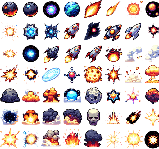 Varias explosiones espaciales pack.
Single Game Texture. In-Game asset. 2d. Blank background. High contrast. No shadows.