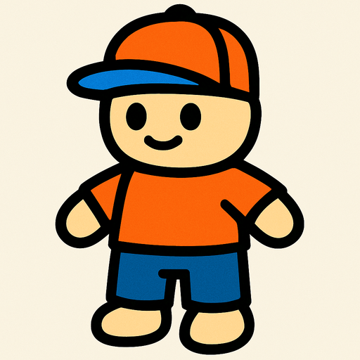 un muñeco con gorra y pantalones.
In-Game asset.  2d.  High contrast.  No shadows