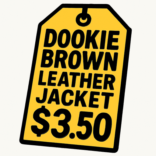 price tag that's says Dookie Brown Leather Jacket $3.50.
In-Game asset.  2d.  High contrast.  No shadows