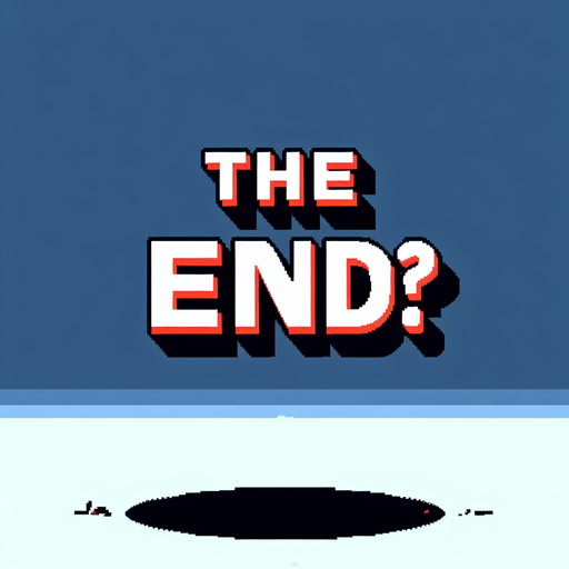 cartoon "The End?" text.
Single Game Texture. In-Game asset. 2d. Blank background. High contrast. No shadows.