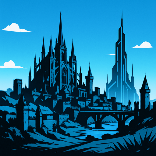 anime image realistic ghotic medieval futuristic landscape from distance add clear blue sky day
In-Game asset.  2d.  High contrast.  No shadows.
In-Game asset.  2d.  High contrast.  No shadows