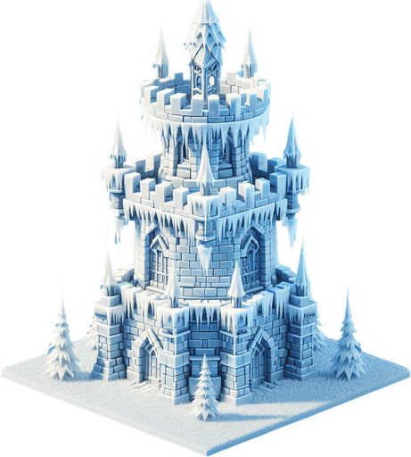 A turret tower built of iceblocks. Front view perspective. Single Game Texture. In-Game asset. 2d. Blank background. High contrast. No shadows.