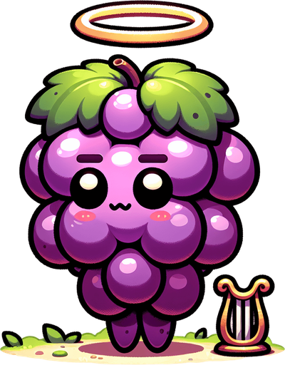 video game cute divine grape bunch Pokémon with an angelic halo above its head and a harp beside it, oversized head occupying most of its body, standing on two tiny chubby feet at the bottom, tiny adorable creature with a cute angry expression, looking straight ahead, facing the camera directly. 2D flat vector illustration.
Single Game Texture. In-Game asset. 2d. Blank background. High contrast. No shadows.
