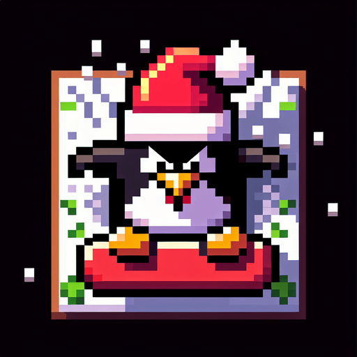angry penguin snowboarder wearing a red santa hat. top-view. gta 2. seen from above. Single Game Texture. In-Game asset. 2d. Blank background. High contrast. No shadows. pixelated. 8 bit