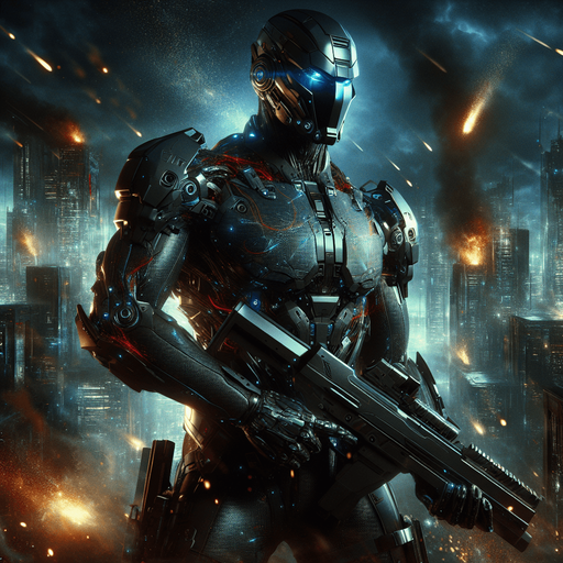 Create an image of a dynamic, powerful hero in a futuristic, action-packed setting. The hero is wearing a sleek, dark armored suit with metallic accents that reflect light. The suit features high-tech elements, such as glowing blue and red energy lines running across the chest and limbs, and advanced weaponry mounted on the arms. The hero’s face is partially visible behind a helmet with a visor, showing intense determination. They stand confidently in a battle-ready pose, with a backdrop of a city in ruins, engulfed in smoke and flames. In the hero's hand, there’s a futuristic gun that looks like a high-powered sniper rifle, glowing with energy. The atmosphere is tense, with sparks flying around as if from recent explosions.".
Single Game Texture. In-Game asset. 2d. Blank background. High contrast. No shadows.