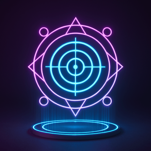 3d hologram neon cyberpunk sigil bullseye symbol magick sacred geometry corporate, logo projection flat symmetrical