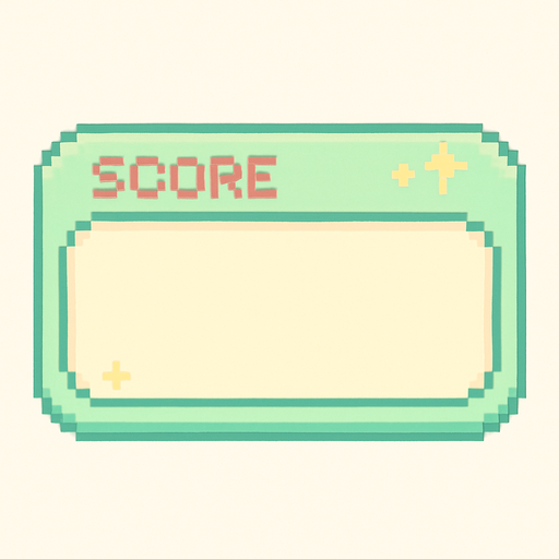 A horizontally-oriented pixel art score frame designed for a cute 2D retro game.
The frame is meant to be placed at the top center of the screen during gameplay.
It has a soft pastel green or cream background with a rounded rectangular shape.
The inside of the frame is filled with a solid light color (not transparent), ready for number assets to be placed on top.
The border is subtle and cute, with minimal decorative details like tiny sparkles or stars to match the playful and colorful retro game aesthetic..
In-Game asset.  2d.  High contrast.  No shadows. pixel art. side view. cute. pastel colors. soft edges. retro ui. video game hud. minimal