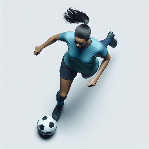 a soccer player top down running with a ball.
Single Game Texture. In-Game asset. 2d. Blank background. High contrast. No shadows.