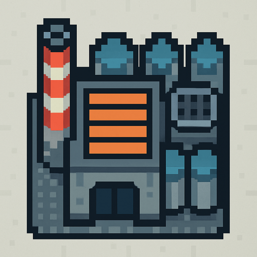 Industrial building 2d pixilated topdown.
In-Game asset.  2d.  High contrast.  No shadows