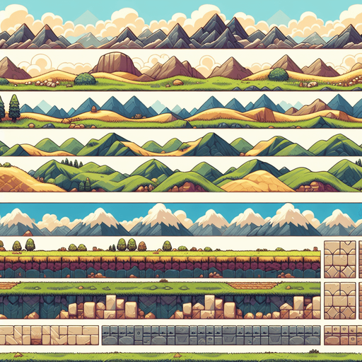 A tilesheet showing different terrains for the ground and platforms in an endless runner game. Some segments should be horizontal, while some should be going slightly uphill or downhill. Each segment should be approximately the same length, and they should have similar textures that allow them to more or less seamlessly be pieced together to form larger stretches. The tileset should only include the ground segments and not any backgrounds. Mountaineous, grassy, medieval fantasy..
Single Game Texture. In-Game asset. 2d. Blank background. High contrast. No shadows.