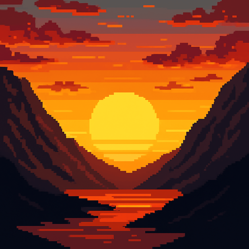 Sunset between the mountains ( natural) piksel art.
In-Game asset.  2d.  High contrast.  No shadows