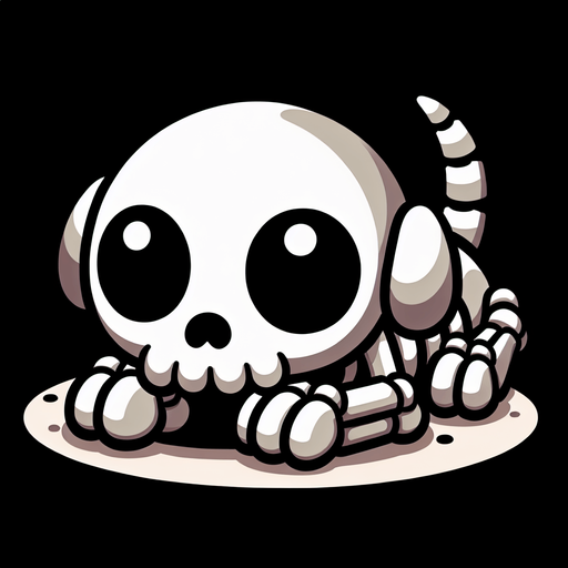 a cartoon skeleton puppy. lying down. head between paws..
Single Game Texture. In-Game asset. 2d. Blank background. High contrast. No shadows.