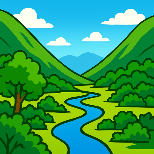 ünlü xp arkaplanı resmi gibi vadi arkapalnı ama ağçlar, çalılar ve nehir olsun 2d 2000x2200 boyutlarında.
In-Game asset.  2d.  High contrast.  No shadows