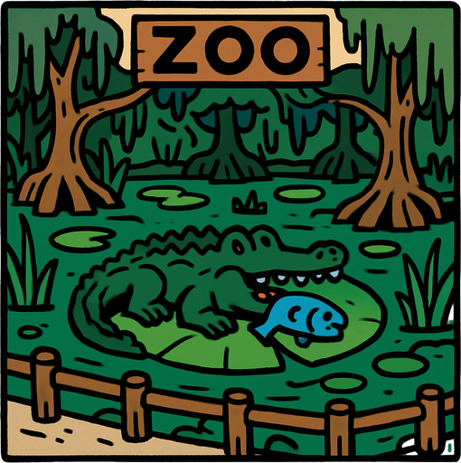 A swamp like zoo exhibit with a crocodile on top of a lily pad with a fish.
In-Game asset.  2d.  High contrast.  No shadows