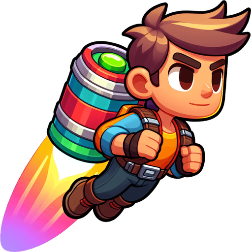 Person flying with jetpack with color.
Single Game Texture.  In-Game asset.  2d.  Blank background.  High contrast.  No shadows