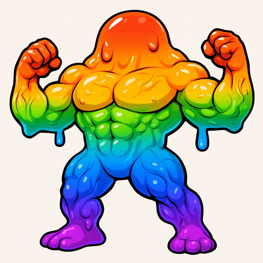Elleri ayakları kolları olan gökkuşağı renklerinde yüzsüz çok fazla kaslı damarlı slime yap. Tatlı
In-Game asset.  2d.  High contrast.  No shadows