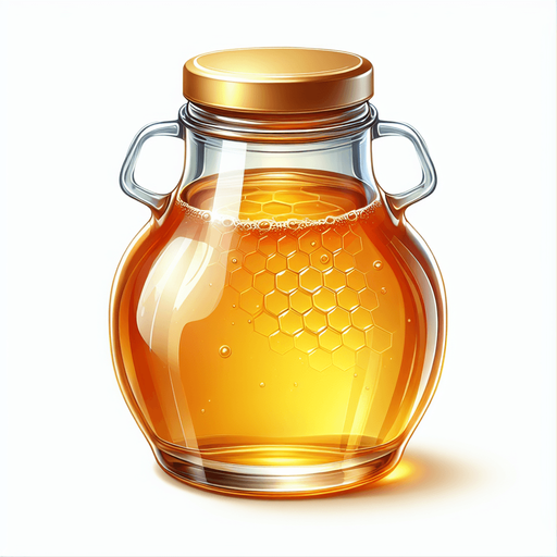 A glass bottle filled with honey.
Single Game Texture. In-Game asset. 2d. Blank background. High contrast. No shadows.