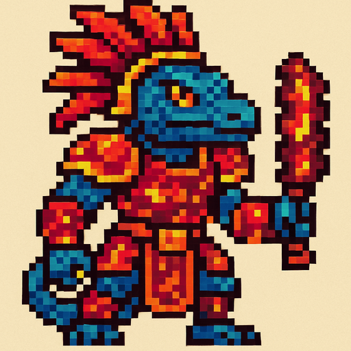 Generame un guerrero azteca con patrones, estilo pixelar, ademas sera un El lagarto azul de Gorgona humanoide. Va tener una armadura roja con efetos de llamitas pequeñas.
In-Game asset.  2d.  High contrast.  No shadows
